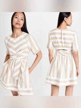Staud Striped Chevron Beige Cotton Linen Summer Dress✨Sz XS